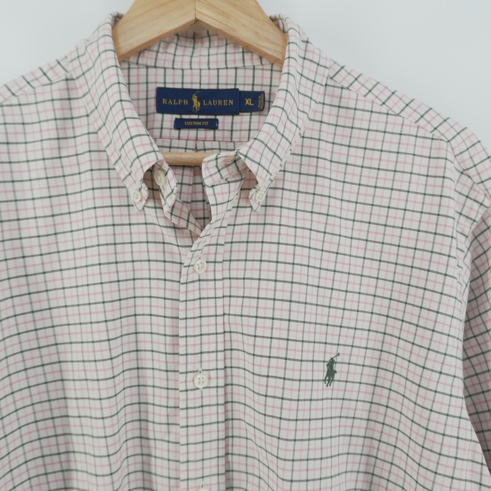 Ralph Lauren Button Down Shirt Mens XL White Pink Green Tattersall Custom Fit